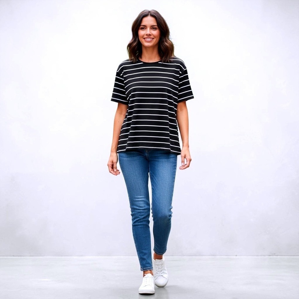Womens Black White Striped Crew Neck Short Sleeve T-Shirt Plus Size 1XL